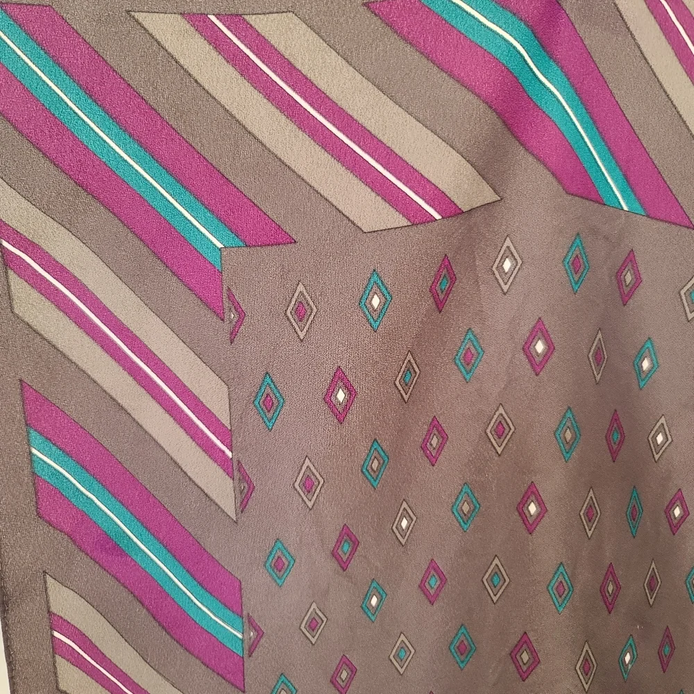 Vintage Square Scarf Grey with Teal and Purple Diamonds and Stripes Print 26x26